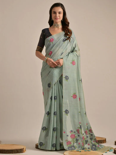 Gorgeous Grey Floral Weaving Cotton Traditional Saree With Blouse